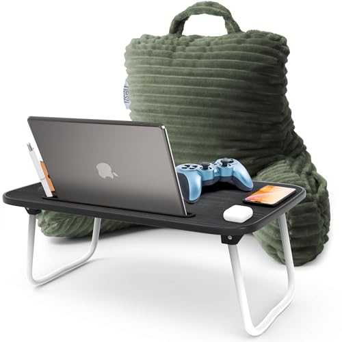 Nestl Olive Green Reading Pillow with Bed Desk for Laptop and Writing, Luxe Cut Plush Back Pillow for Sitting Up, Back and Arms Adjustable Support for Kids and Teens, Foldable Lap Desk for Bed 19x11” - color: 02- Olive Green, size: Small 14"