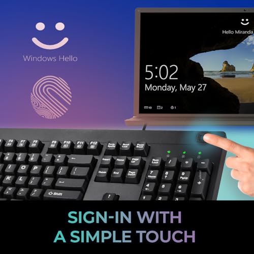 Adesso Fingerprint Keyboard, Full Size, AKB-630FB-TAA | TAA Compliant, AES 256 Encryption, USB Wired, 104 Key Layout, Windows Hello Compatible, Made in Taiwan, Government, Business