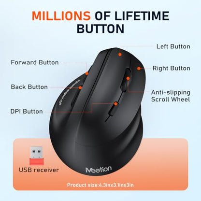 MEETION Ergonomic Wireless Vertical Mouse, Rechargeable, Black | Bluetooth 5.2 + 3.0 and USB connectivity, RGB backlight, 4 DPI adjustment, compatible with Windows, Mac, Android, PC and iPad - color: Right Black