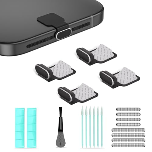 USB C Anti Loss Dust Plugs Cover & Phone Speaker Cover,5-in-1 21 Pack Charging Port Cover Cleaning Kit,USB Type C Dust Covers Protectors,Detachable Adhesive for iPhone 15-17& All USB-C Devices - color: Black