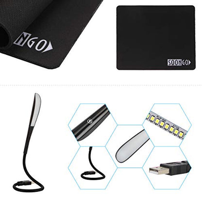 SOON GO Mini Mouse Pad Kids Mice for Laptop USB LED Light 3 in 1 Gift Combo Mouse Pad Non-Slip Rubber Base USB Reading Lamp with Dimmable Touch Switch and Flexible Gooseneck for Laptop Home Office - color: blacker