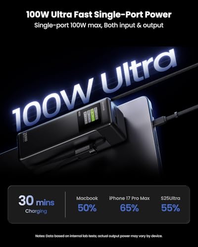 SHARGE Laptop Power Bank 25000mAh, HyperTower 170W Total Fast Charging Portable Charger, 100W USB-C Power Bank with Built-in Cables, High Capacity Travel Battery Pack for MacBook, iPhone17, Galaxy S26 - color: Black