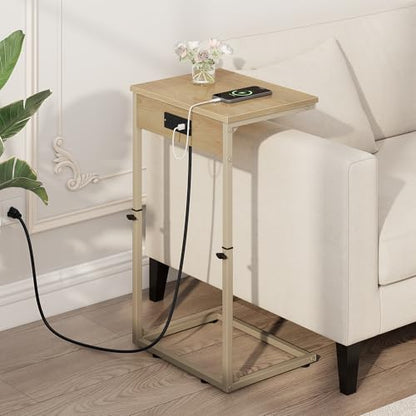 C Shaped End Table with Charging Station, Adjustable Height Side Table for Couch, Small Side Table, 33.2'' Tall Couch Tables that Slide Under, Tv Tray End Table for Living Room, Natural - color: Natural (1 Pack), style: With Plug