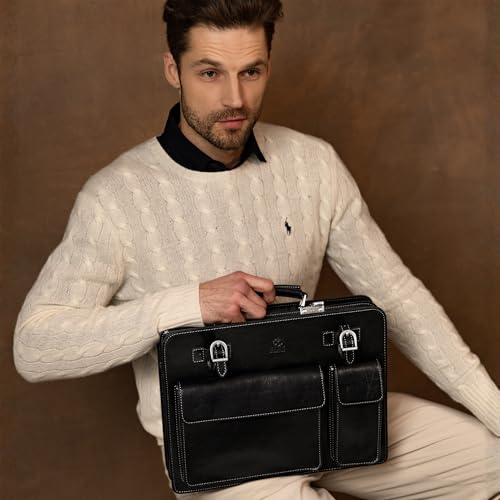 Time Resistance Leather Briefcase - Classy Bag for Men - Business and Vintage Briefcase Made in Italy - color: Black