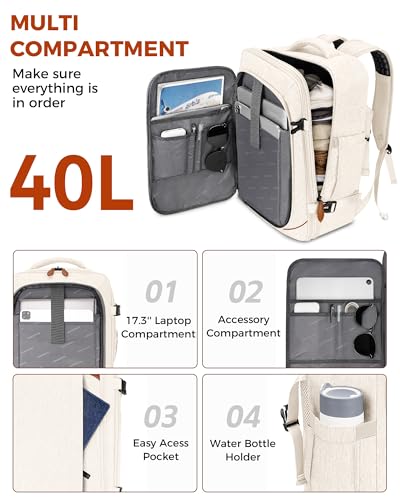 Vancropak Travel Backpack for Women, Airline Approved Carry on Backpack | 3 Packing Cubes, Fits 17" Laptop, Expandable Large 40L Travel Bag, Personal Item Backpack 18x14x8, Anti Theft,Weekend Daypack - color: White Brown