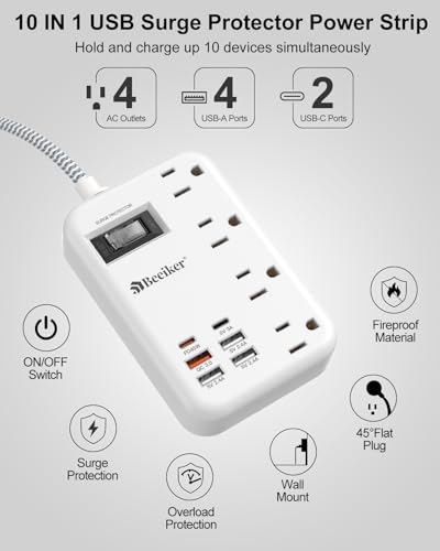PD45W USB C Surge Protector Power Strip,6 USB Travel Extension Cord 5Ft | 45W,Travel Power Strip,6 USB (2 USB C),4 Outlets,5FT Braided Extension Cord,Flat Plug,Fast Charging for MacBook Laptops iPad - size: PD45W USB-5ft-980J