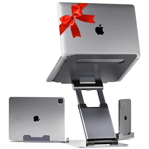 Lifelong 20" Tall Adjustable Laptop Stand with Phone & Tablet Holder | Ergonomic Aluminum Laptop Riser, Portable Foldable Computer Stand, Fits 10-17” Laptops for Desk - color: 1. Grey, size: 2. Up to 17" Laptop + 8" Phone