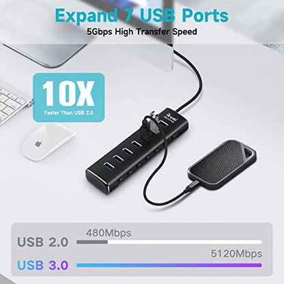 7-Port Powered USB 3.0 Hub with 2-in-1 Connector to Host | Aluminum USB Hub Splitter with AC Adapter LED On/Off Switches and 3.3ft Long Cable for Laptop, Mac, PC, Mobile HDD - size: 7-Port USB 3.0 Hub