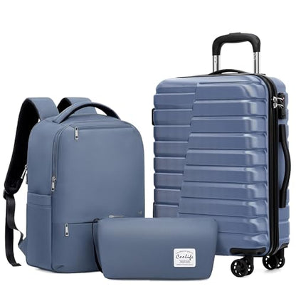 Coolife Luggage Sets 3 Piece, 20In Carry On Luggage with Spinner Wheels PC Hardside Suitcase Set with Travel Backpack (Blue, Backpack/TB/20) - color: blue, size: 3 piece set (Backpack/TB/20)