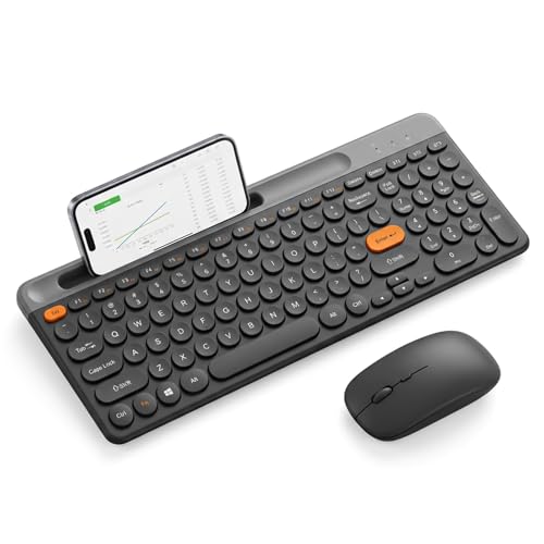 Bluetooth Keyboard Mouse Combo, Dual Multi-Device Wireless Keyboard with Phone Holder, Ultra-Compact 78-Key Layout, Quiet Keys & Rechargeable, for Windows PC Laptop (Black) - color: Black