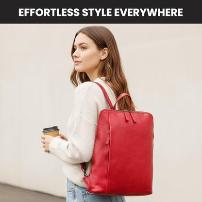 12.5 Inch Red Genuine Leather Backpack For Women & Men | Small Laptop Bookbag Purse & Travel Daypack, Red Leather Bookbag With Adjustable Shoulder Strap, YKK Zipper & Pockets - color: Red