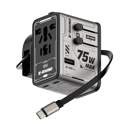 MFish 75W Universal Travel Adapter, 5-Port International Power Adapter with Retractable USB-C Cable, 3 USB-C & 1 USB-A + AC Outlet, Worldwide Wall Charger for MacBook, iPhone, iPad, EU/UK/US/AUS, Grey - color: Grey