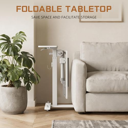 ETHU Foldable Overbed Table with Wheels, Rolling Laptop Standing Desk with Height Adjustable 26.77”-42.51” & Tilting Desktop, Mobile Work Desk for Bedside, Sofa and Home Office Use, White