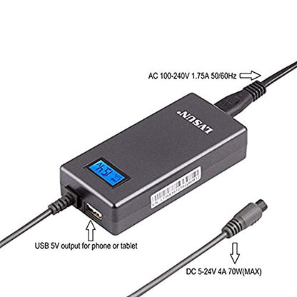 Slim Universal Laptop Charger 70W Replacement AC Adapter with Multi Connectors for HP BM Lenovo Thinkpad Dell Acer Delta Gateway Liteon Samsung Notebooks and More with 5V 2.1A USB Port, Grey