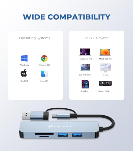 5-in-1 5-Port USB Hub with 3.0 Ports & SD/TF Card Reader | Compatible with MacBook, iPad Pro, Dell, HP, Laptops, Phones, Plug and Play, 5-in-1 USB Extender, TF/SD Card Slot