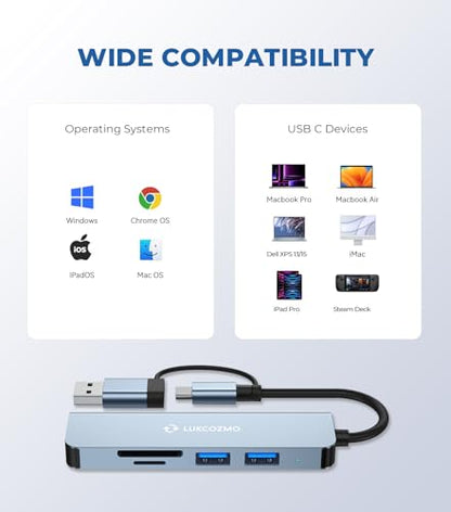 5-in-1 5-Port USB Hub with 3.0 Ports & SD/TF Card Reader | Compatible with MacBook, iPad Pro, Dell, HP, Laptops, Phones, Plug and Play, 5-in-1 USB Extender, TF/SD Card Slot