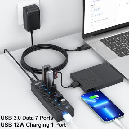 Powered USB Hub 4ft Cord for PC, 7 USB3.0 Data Ports and 1 Smart Charging Port with Power Adapter & Individual Switches for MacBook Pro/Air/Neo Laptop Desktop Computer Mini PC