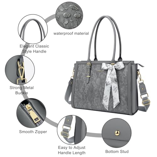 MOSISO Laptop Bag for Women, 17-17.3 inch PU Leather Tote Bag | Compatible with MacBook, HP,Dell, Front Embossed Retro Hibiscus Computer Bags with Silk Scarf&Clutch Purse, Gray - color: Gray, size: 17.3 inch