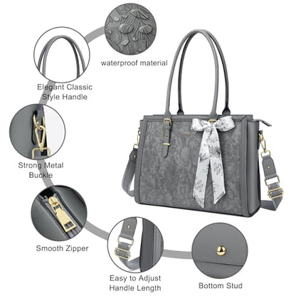 MOSISO Laptop Bag for Women, 17-17.3 inch PU Leather Tote Bag | Compatible with MacBook, HP,Dell, Front Embossed Retro Hibiscus Computer Bags with Silk Scarf&Clutch Purse, Gray - color: Gray, size: 17.3 inch