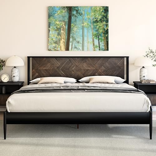 Howizz Lenia Solid Wood King Bed Frame with Headboard, Mid Century Modern Rustic Farmhouse Style, Chevron Diamond Pattern, Solid Acacia Wood Platform Bed, King Size, Mocha Black, Wood Slat Support - color: Mocha Black, size: King Bed Frame