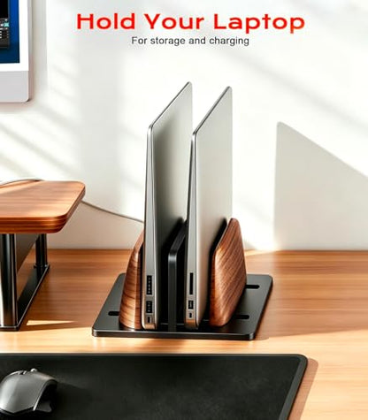 JCZT Vertical Laptop Stand, Walnut Dual Laptop Holder, Black | with Adjustable Aluminum Alloy Base Laptop Stand for All MacBok/Surface/Samsung/HP/Dell/Chrome Book Laptops (Up to 17.3 inch) - color: Black