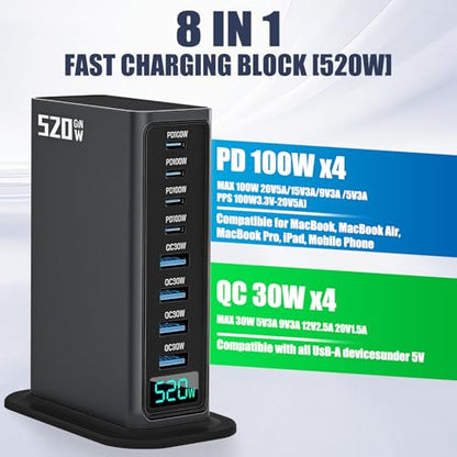 520W USB C Fast Charger Block, 8 Port, Black | GaN Charger, Double 100W PD3.1 PPS Port, Laptop Charging for MacBook/iPhone 16/iPad etc