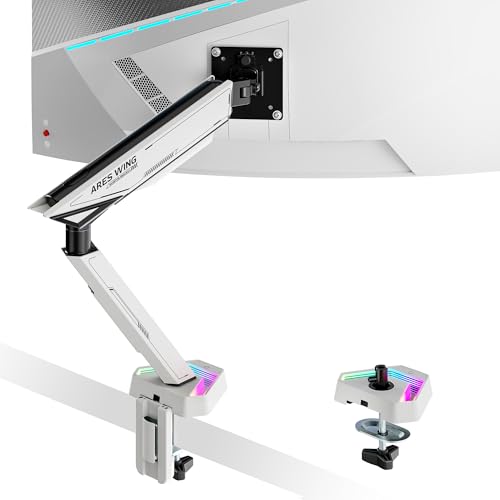 ARES WING RGB Single Monitor Arm Desk Mount for 17-45 inch Monitors, White | Monitor Arm Desk Mount Holds 35.2 lbs Heavy Duty, Adjustable Ultrawide Monitor Arm with Clamp & Grommet Base, 75/100 VESA - color: White, size: 17"-45"