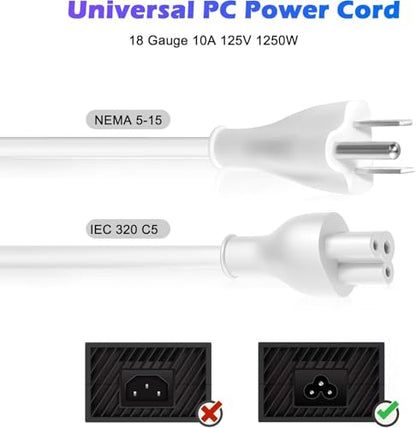 Adoreen Mickey Mouse Replacement Laptop Power Cord 2 Ft White, Seamless 5-15P to IEC 320 C5 3-Prong Universal AC Printer Cable for PC Notebook Charger Dell HP LG TV Monitor, 18AWG 125V, ETL +Ties - size: 2FT, style: Straight to Straight