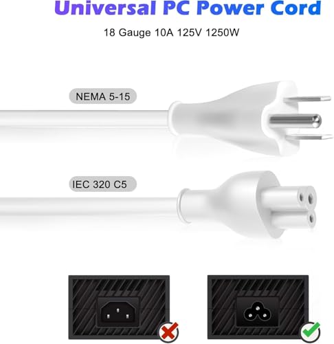 Adoreen Mickey Mouse Replacement Laptop Power Cord 4 Ft White, Seamless 5-15P to IEC 320 C5 3-Prong Universal AC Printer Cable for PC Notebook Charger Dell HP LG TV Monitor, 18AWG 125V, ETL +Ties - size: 4FT, style: Straight to Straight