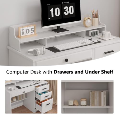 4 EVER WINNER White Desk with Drawers, Small Desk with File Drawer for Small Spaces, Writing Desk with Monitor Stand Wood Table for Study Home Office, White - color: White