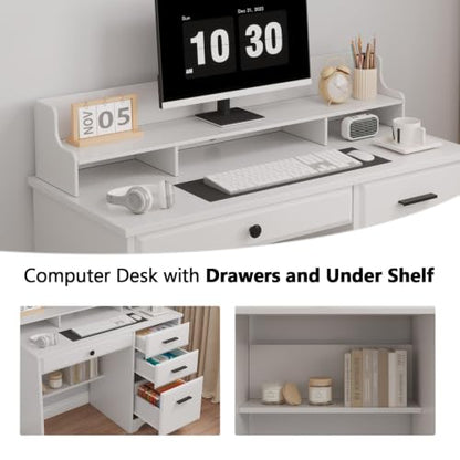 4 EVER WINNER White Desk with Drawers, Small Desk with File Drawer for Small Spaces, Writing Desk with Monitor Stand Wood Table for Study Home Office, White - color: White