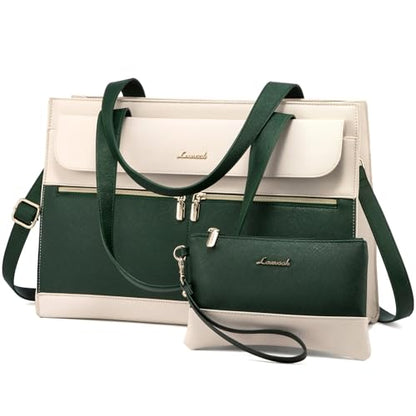 LOVEVOOK Laptop Tote for Women - 15.6 Inch Professional Leather Computer Briefcase with Waterproof Handbag Shoulder Bag Large Capacity Business Teacher Office Crossbody Purse - color: Dark Green/Beige-1, size: 15.6 Inch