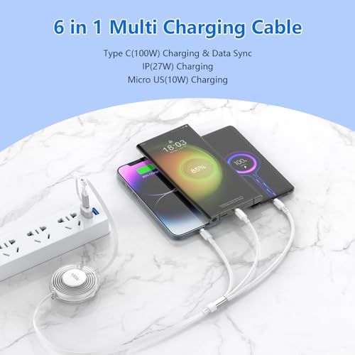100W USB C to Multi Charging Cable, iPhone 15 Retractable Car Charger with Type C 100W+IP 27W+Micro USB 10W Multi Phone Charger for iPhone 15 14 13 12/Samsung S24 S23/iPad/MacBook/Tablet 4FT White