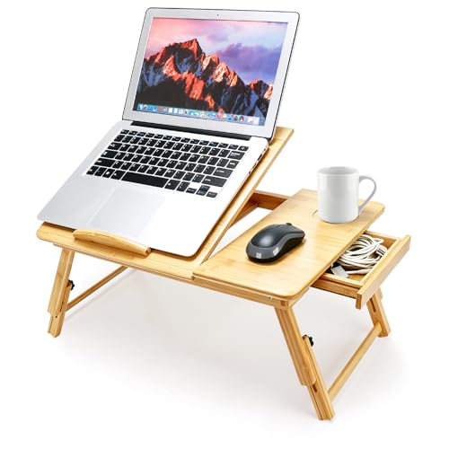 Laptop Desk for Bed, Foldable Bed Tray, Adjustable Angle & Height | Bamboo Laptop Stand with Cup Holder and Drawer, Portable Lap Desk for Couch Sofa Floor, Ideal for Breakfast, Writing, Drawing
