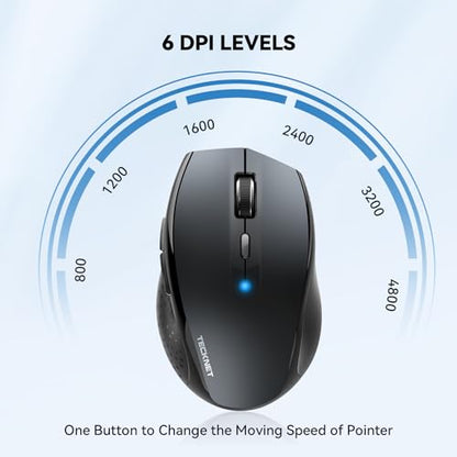 TECKNET Bluetooth Mouse, Wireless Silent 6 Buttons 2-Yr Battery, Gray | BT 5.0/3.0, 6-Level DPI to 4800, Wide OS Compatible, Ergonomic for M/L Hands, Extended Battery - color: Gray