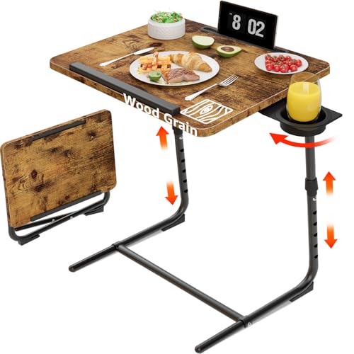 Folding TV Tray Adjustable Dinner - Trays for Eating On Couch Wooden Tables Mate Stand Foldable Desk with Cup Holder Portable - color: Rustic