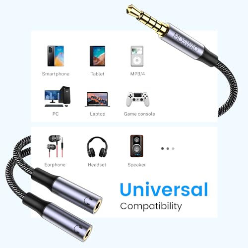MOSWAG Headphone Splitter,Stereo Audio 3.5mm TRRS Splitter for 2 Headphones | Strong Braided & Gold-Plated Y Splitter, Dual Support Audio & Mic, AUX Splitter 1 in 2 out for Phone,PC,Laptop,Tablet,PS4,MP3 - color: Black