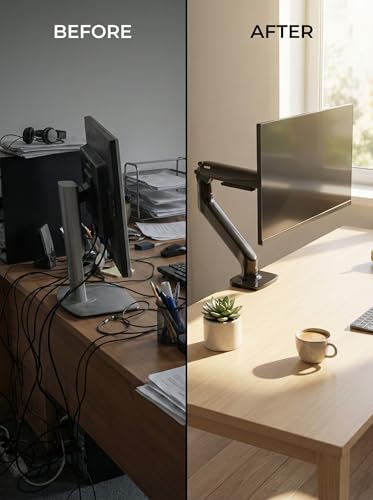 Single Monitor Arm, White Gas Spring Desk Mount for 17"-34" Screens, Holds Up to 26.5 lbs, VESA 75x75/100x100, C-Clamp & Grommet Base (Black)