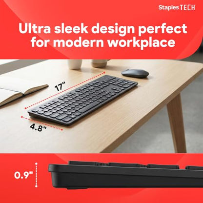Staples TECH Slim Wireless Keyboard, Full‑Size 104‑Key, Quiet Scissor Keys, USB Receiver, Black - style: Full Size