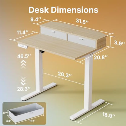 HUANUO 32" X 21" Electric Standing Desk with 2 Drawers, C-Clamp Mount Compatible, Height Adjustable Computer Desk, Home Office Stand Up Desk with 4 Preset Heights & 2 Hooks, Light Walnut - color: Light Walnut, size: 32" X 21"