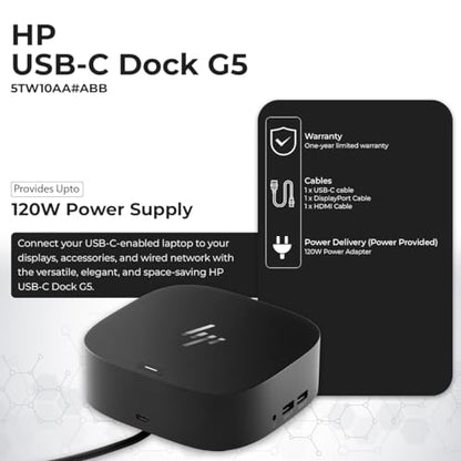 HP Docking Station for Laptop Dual Monitor and Charging Bundle - HP USB-C G5 Dock 5TW10AA / 5TW10UT / 5TW10AA#ABB with 120W Adapter, HDMI, DisplayPort, USB-C Cables & Microfiber Cleaning Cloth - style: HP 5TW10AA#ABB New