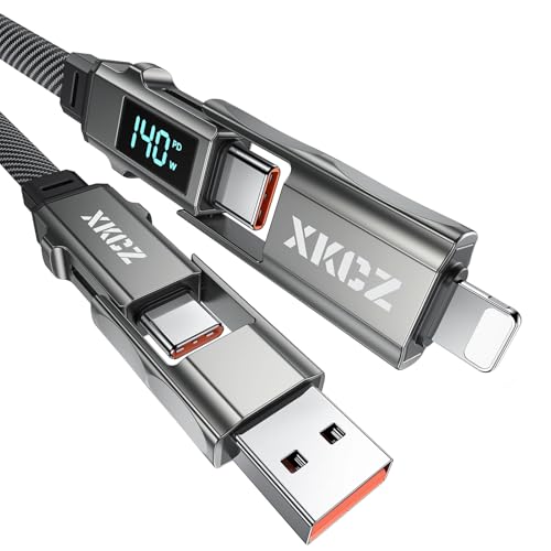 XKCZ 4 in 1 USB C Cable with Wattage Display, 140W Flat Nylon Braided Multi Charge Cable with Data Sync, USB C Charging Cord Combo Type C/USB A/L Port for iPhone/iPad/Samsung/Laptop, 3FT - size: 3FT, style: 140W
