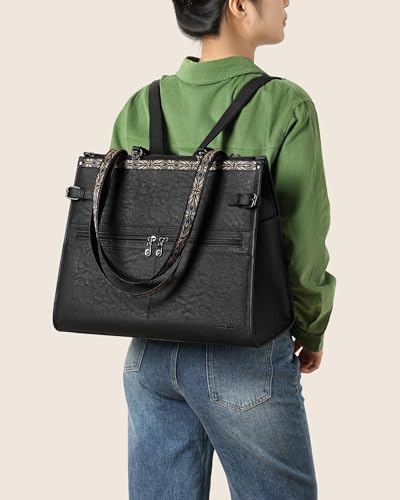 FADEON Laptop Bag for Women Designer PU Leather Large Tote Bags Backpack Purses with 15.6 Laptop Compartment Shoulder Handbag - color: Black