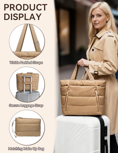 Puffer Tote Bag for Women, Nurse, Large Quilted Shoulder Bag with Cup Holder & Laptop Compartment for Work, Travel, Gym - color: Brown