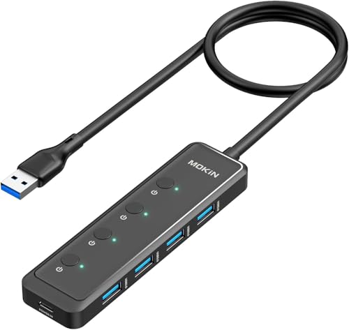MOKiN USB 3.0 Hub, 5-Port Ultra Slim Powered Data USB Extender with 4*USB A 3.0, USB-C 5V Power Port, 5Gbps, Individual Switches & LED, for Laptop, MacBook, Chromebook, Dell, Acer, XPS