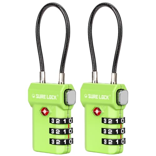 SURE LOCK TSA Approved Luggage Locks with Open Alert Indicator, 3 Digit Combination Cable Travel Lock for Suitcase, Backpack, Gym Locker, Toolbox, Carry On & Travel Bag - color: GREEN 2 PACK