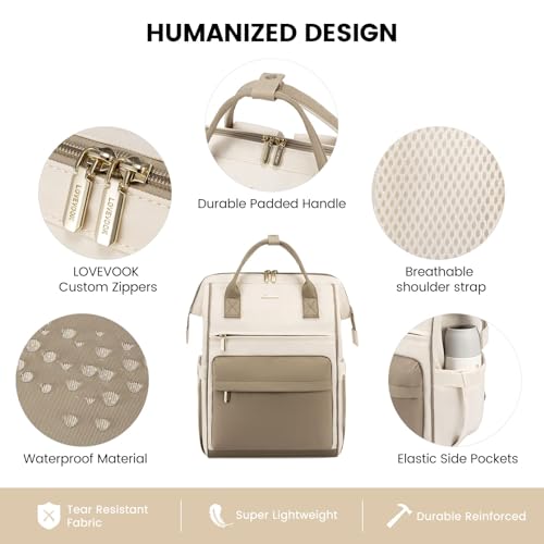 LOVEVOOK Laptop Backpack for Women, 15.6 Inch Work Laptop Bag Teacher Nurse Backpack, Wide Open Travel Tote Backpack Purse Business Computer Daypack - color: Beige & Khaki-m