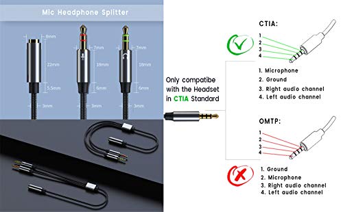 PC Splitter Cable for HyperX Cloud II, Alpha, Stinger, Core & Astro A10 A40 | 12-Inch Audio Y-Adapter for Turtle Beach Recon 70, SteelSeries and Sennheiser Game Headphones