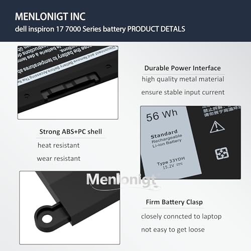 56Wh 33YDH Battery for Dell Inspiron 17 7000 7773 7779 7778 7786 2-in-1 15 7577 G3 3579 3779 G5 5587 G7 7588 Latitude 13 3380 14 3490 3590 3580 3400 3500 Vostro 7580 PVHT1 P30E P30E001 081PF3 - size: 9.5 x 4.12 x 0.38 inches 33YDH BATTERY