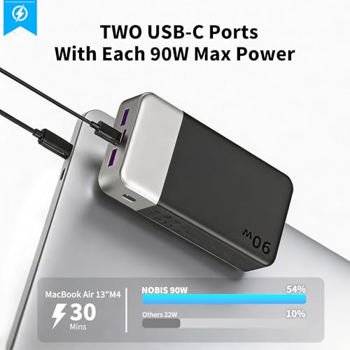 NOBIS Power Bank 90W 20,000mAh Laptop Portable Charger | PD Fast Charging Battery Pack, 4-Port, Digital Display, Compatible Laptop, Tablet, Phone and More - color: Black